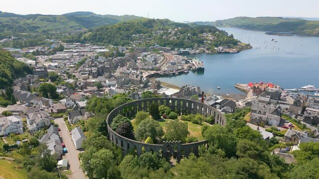 Aerial drone video of an old tower in Oban Scotland