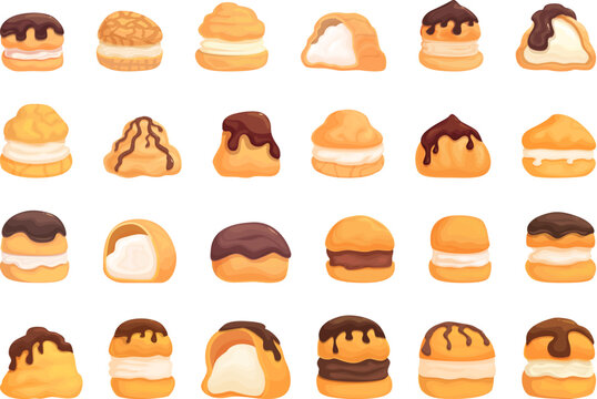 Profiterole icons set cartoon vector. Chocolate food. Cake bakery