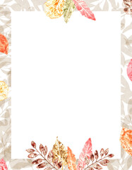 Cute frame with autumn colorful leaves. Watercolor illustration of leaf imprints for autumn holiday cards, greeting, invitation. Back to school. Thanksgiving day. Space for text