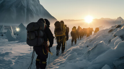 A group of climbers ascending a steep, icy section of Mount Everest, with ropes and harnesses, as the sun rises dramatically behind them