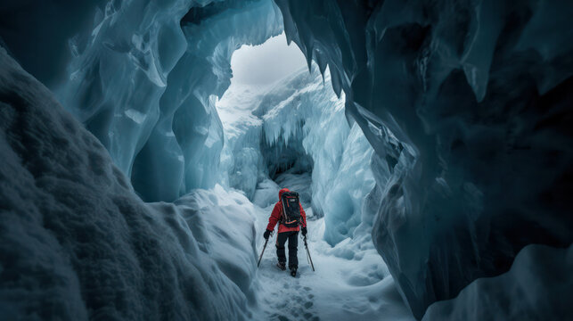 A climber on an Everest expedition negotiates a treacherous icefall, with massive ice blocks and deep crevasses surrounding them, as they carefully make their way through this dangerous section