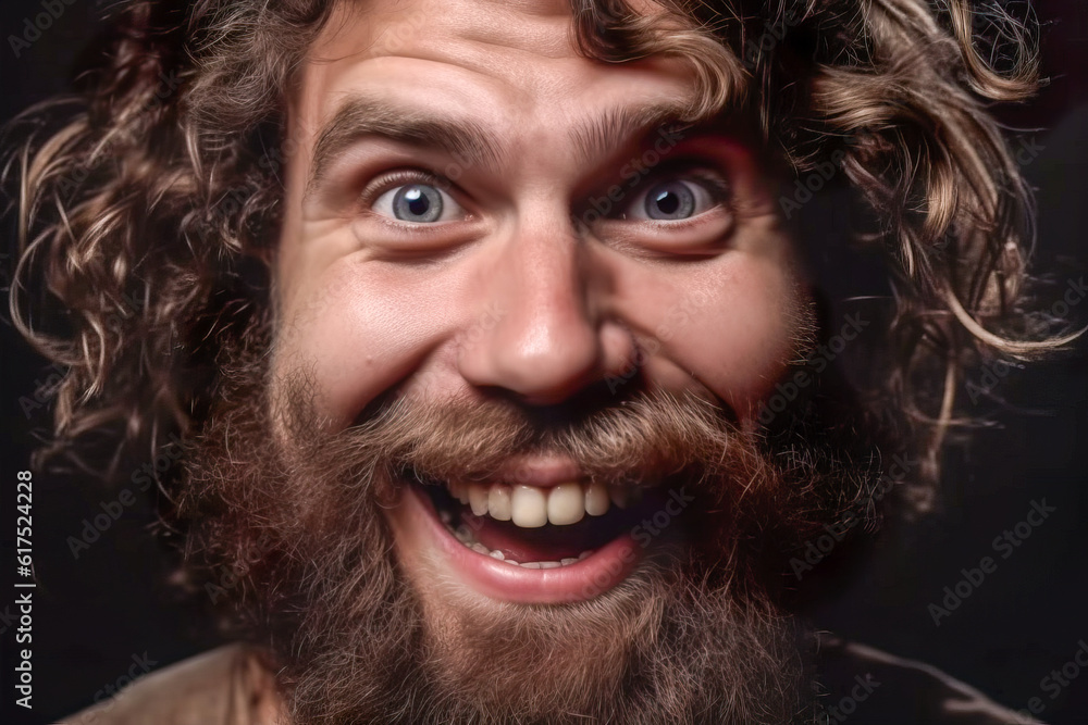 Poster close-up portrait of a funny man with a beard and mustache. generative ai