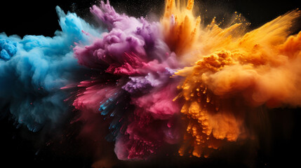 Obraz na płótnie Canvas Colored powder explosion abstract closeup of dust splash on black backdrop, mixed digital illustration and matte painting
