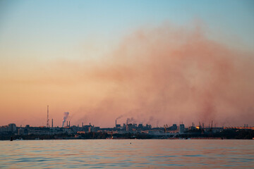 View of the polluted city, factories