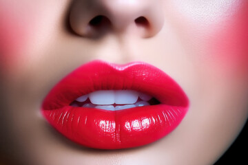Obraz premium The close up of woman mouth shows the beautiful and sensual beauty of red lips. Makeup and lip gloss are sexy and glamorous in detail. Generative ai