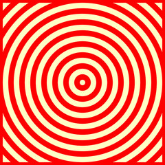 Red circles on yellow background. Symmetric geometric repeating rounds abstract. Stylized wood cutting decorative board. Water marks surface pattern design. Circular spheres borders wallpaper. Vector