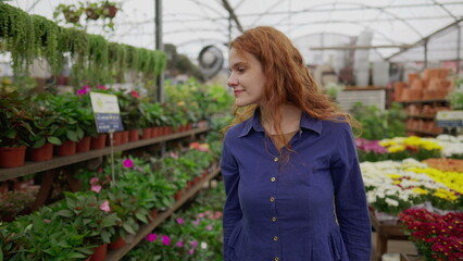 Happy Female Client Shopping in Gardening Store Looking for Plants in Flower Shop Isle