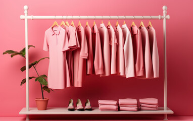pink clothing rack against a pink backdrop, fashion concept background