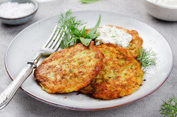 Zucchini Fritters with Herbs and Cream Cheese Topping, Tasty Vegetable Pancakes