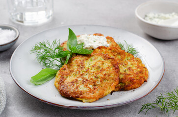 Zucchini Fritters with Herbs and Cream Cheese Topping, Tasty Vegetable Pancakes