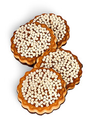 Cookies with chocolate powdering in a row isolated on white background