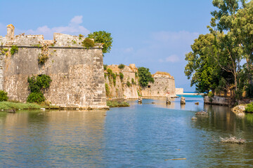 Moat and walls of the Venetian Castle of Agia Mavra at the Greek island of Lefkada. The original...