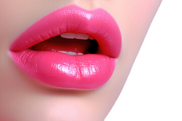The close up of woman mouth shows the beautiful and sensual beauty of pink lips. Makeup and lip gloss are sexy and glamorous in detail. Generative ai White background, copy space, isolate