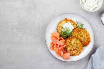 Zucchini Fritters with Salmon, Herbs and Cream Cheese Topping, Tasty Savory Pancakes