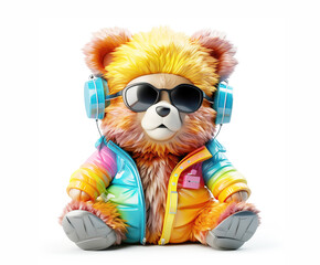 Obraz premium colorful cartoon character baby bear wearing sunglasses and headphones