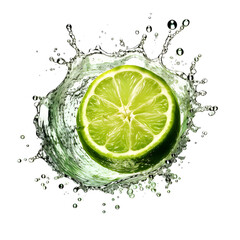 lime, drop into water, isolated white background