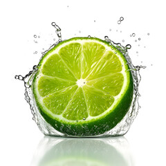 lime, drop into water, isolated white background