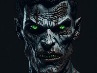 Close up portrait of evil zombie male isolated on black background, splatter horror, generative ai, isolated , empty