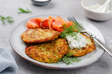 Zucchini Fritters with Salmon, Herbs and Cream Cheese Topping, Tasty Savory Pancakes