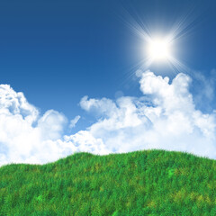 Obraz na płótnie Canvas 3D render of a grassy landscape against a blue sky with fluffy white clouds