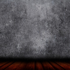3D render of a grunge interior with concrete wall and wooden floor