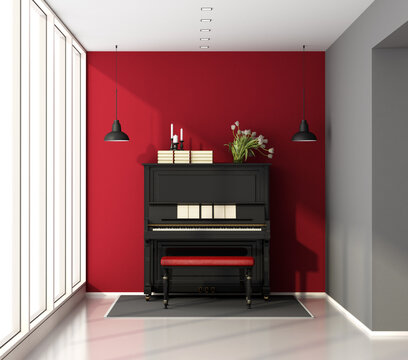 Little music room with black upright piano - 3d rendering