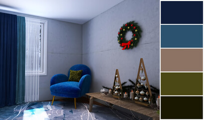 room interior christmas 3d render, 3d illustration
