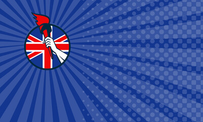 Business card showing Retro illustration of an athlete hand holding a flaming torch with union jack Great Britain British flag set inside circle on isolated white background. © Designpics