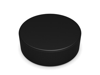 Black rubber hockey puck with copy space, close-up on a white background, 3D illustration.