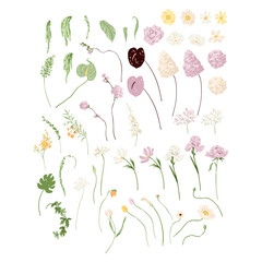 Pastel Pink, Yellow, Green Flowers Vector Illustration Set