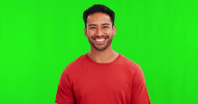 Happy, portrait of a man and laugh against a green screen for fun comedy. Happiness on face, mockup space or smile of young male person on a studio or chroma key background for funny joke or meme