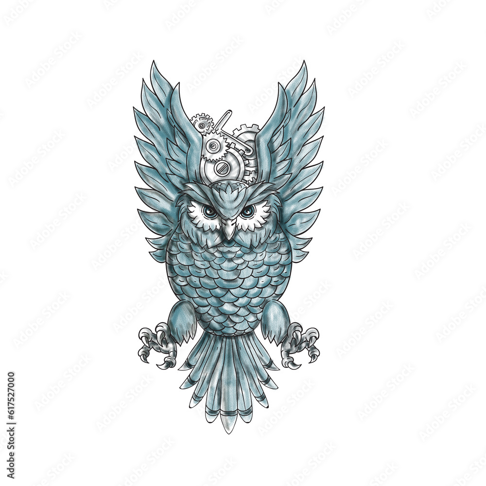 Poster tattoo style illustration of an owl swooping with clock gears behind its wings viewed from the front
