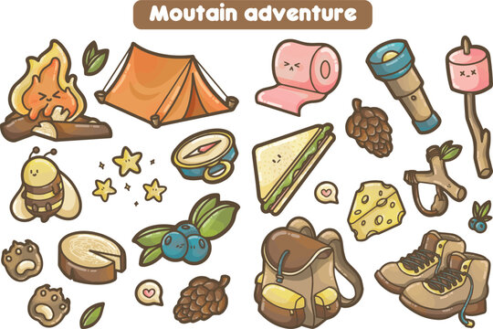 Set of items of adventurous camping in the moutain holidays - Bundle of cute Illustrations for kids books, gift card, stickers - Kawaii style