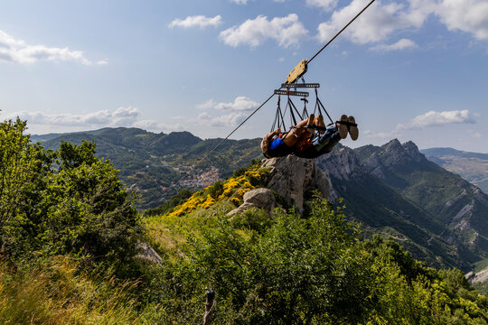 Flight of the angel, Pietrapertosa, Italy. Village nestled in the Lucanian Dolomites in Italy. Surrounded by rocks near Castelmezzano. The zipline flies between these peaks over a stunning panorama.