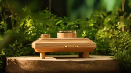 Wooden product display podium for cosmetic product with green nature garden background