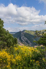 View of Pietrapertosa and Castelmezzano. Two beautiful villages built on the Lucanian Dolomites in Italy. Connected by a zipline that crosses the valley adrenaline-pumping experience. Day and sunset.