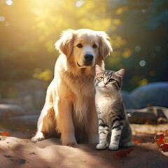 A dog and a cat sitting on the ground created with Generative AI technology