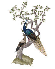 Fototapeta premium Chinoiserie mural with peacocks and flowers trees. Vector.