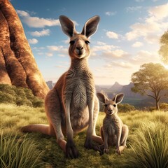 A kangaroo and a baby kangaroo sitting in the grass created with Generative AI technology