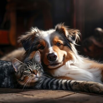 A dog and a cat laying on the ground created with Generative AI technology