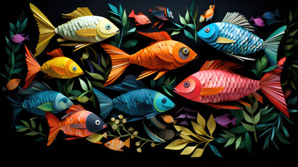 fish crafted from a collage of vivid papers. Generative ai