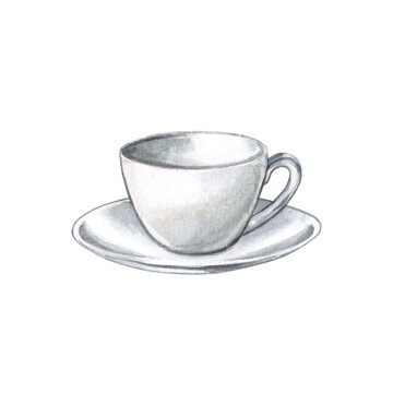 Naklejka White porcelain cup on a saucer. Watercolor hand drawn illustration empty mug. Clipart isolated on white background.