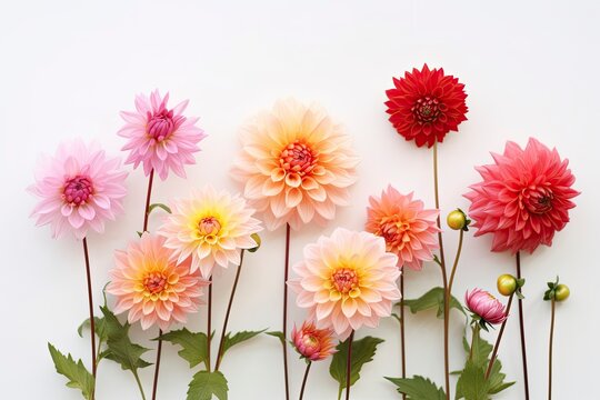 A group of pink and yellow flowers on a white background created with Generative AI technology