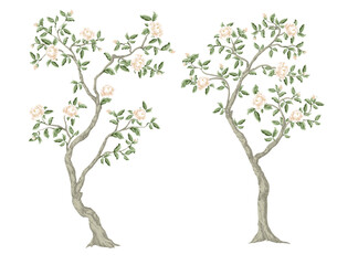 Chinoiserie trees with white peonies isolated. Vector.