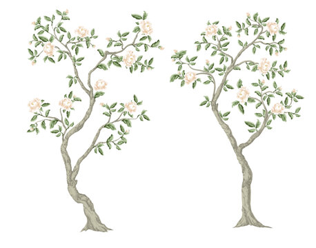 Chinoiserie trees with white peonies isolated. Vector.