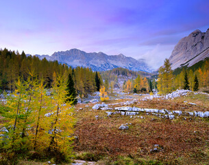 Sunset autumn landscape of Double lake in the Seven lakes valley in Triglav National Park, Slovenia, Europe © Rechitan Sorin