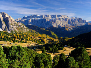 Autumn landscape of Gruppo di Sella, from Seceda Mountain, South Tirol, Dolomites mountains, Italy, Europe