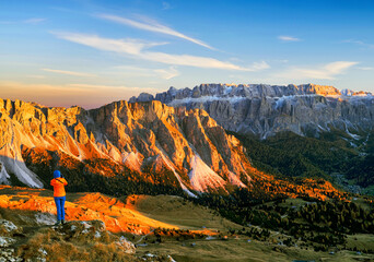 Autumn landscape of Gruppo di Sella, from Seceda Mountain, South Tirol, Dolomites mountains, Italy,...