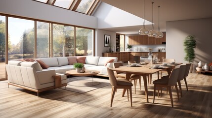 Interior design of modern scandinavian apartment, living room and dining room. created with generative ai.