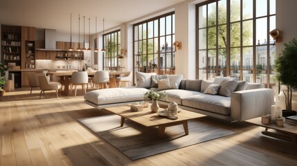 Fototapeta premium Interior design of modern scandinavian apartment, living room and dining room. created with generative ai.